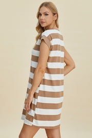 Trendsi Dresses Basic Bae Striped Round Neck Cap Sleeve Mini Dress