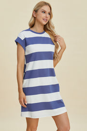 Trendsi Dresses Basic Bae Striped Round Neck Cap Sleeve Mini Dress