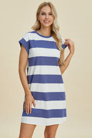 Trendsi Dresses Basic Bae Striped Round Neck Cap Sleeve Mini Dress