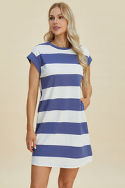 Trendsi Dresses Basic Bae Striped Round Neck Cap Sleeve Mini Dress