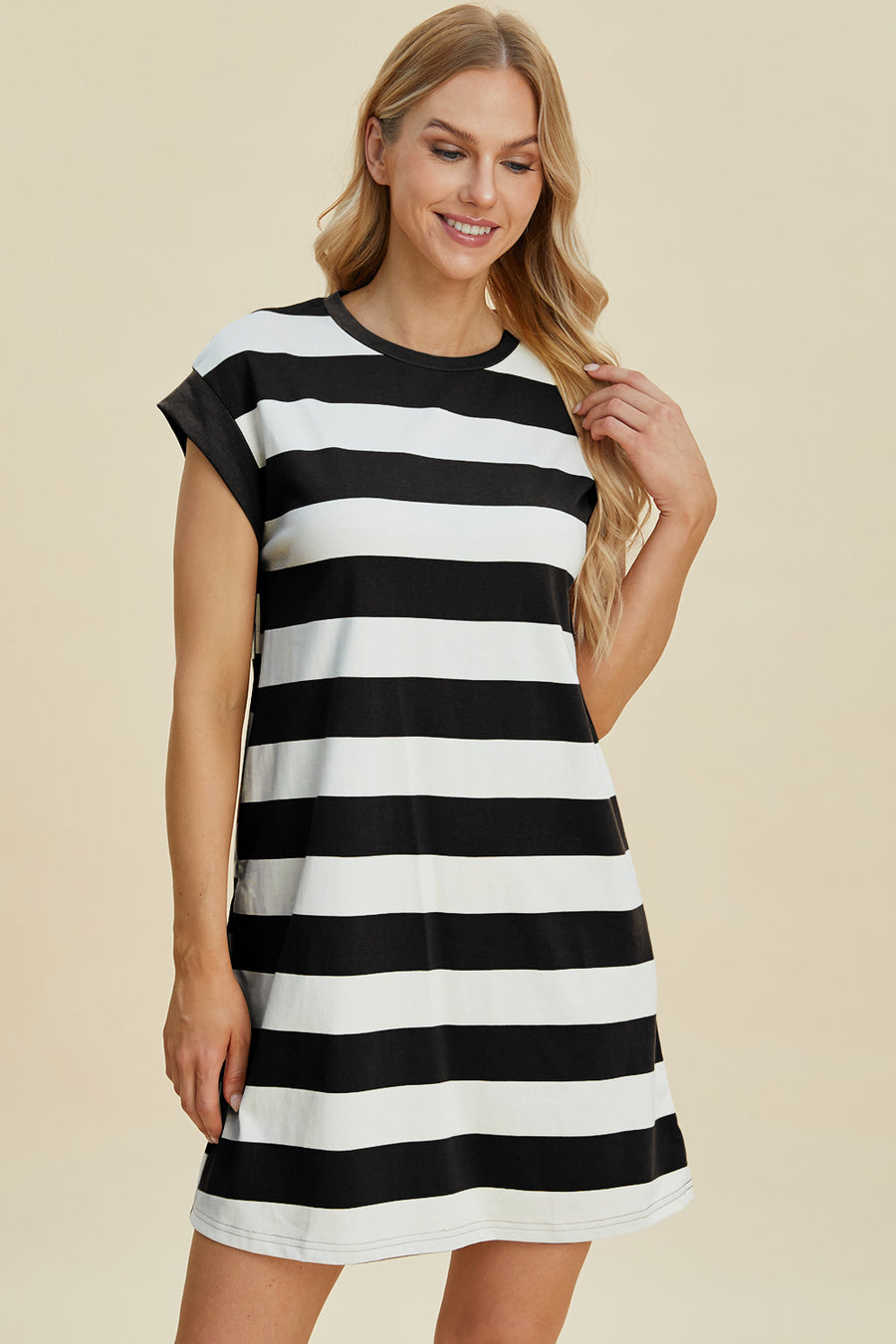 Trendsi Dresses Basic Bae Striped Round Neck Cap Sleeve Mini Dress