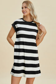 Trendsi Dresses Basic Bae Striped Round Neck Cap Sleeve Mini Dress