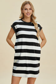 Trendsi Dresses Basic Bae Striped Round Neck Cap Sleeve Mini Dress