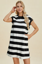 Trendsi Dresses Black / S Basic Bae Striped Round Neck Cap Sleeve Mini Dress