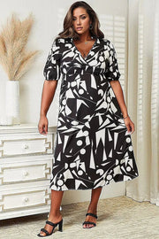 Double Take Printed Surplice Balloon Sleeve Dress