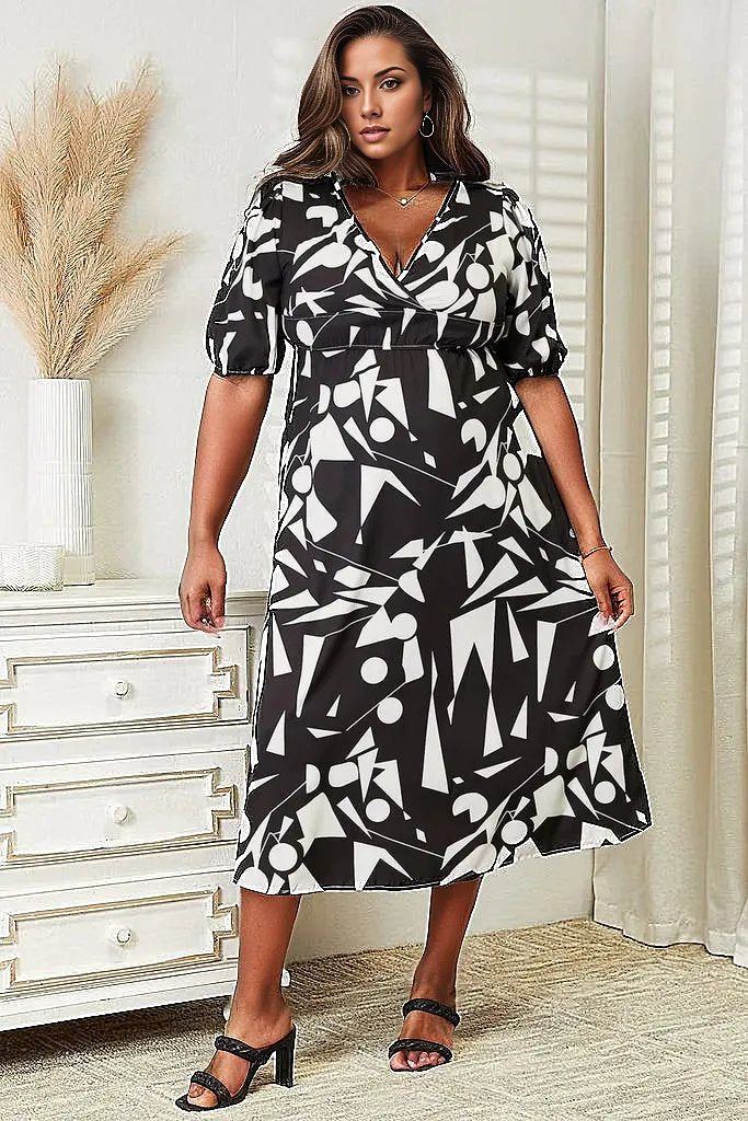 Trendsi Dresses Black / S Double Take Printed Surplice Balloon Sleeve Dress