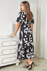 Double Take Printed Surplice Balloon Sleeve Dress