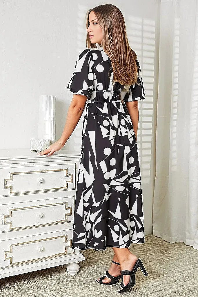 Trendsi Dresses Double Take Printed Surplice Balloon Sleeve Dress