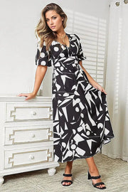 Double Take Printed Surplice Balloon Sleeve Dress