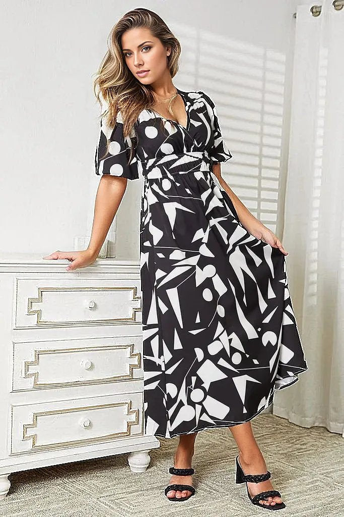 Trendsi Dresses Double Take Printed Surplice Balloon Sleeve Dress