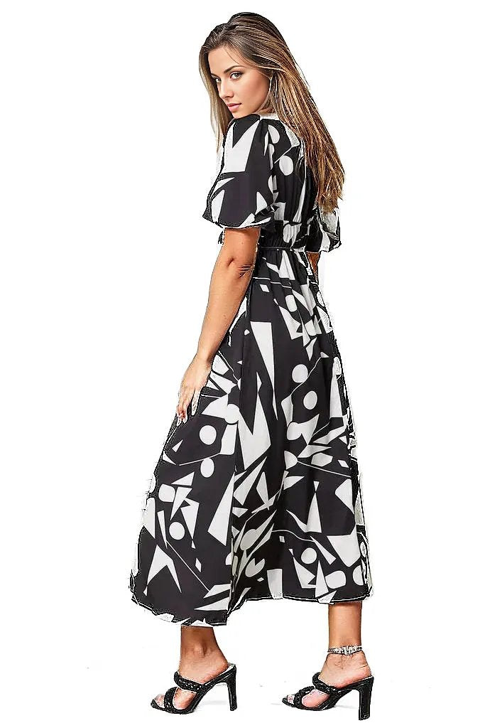 Double Take Printed Surplice Balloon Sleeve Dress