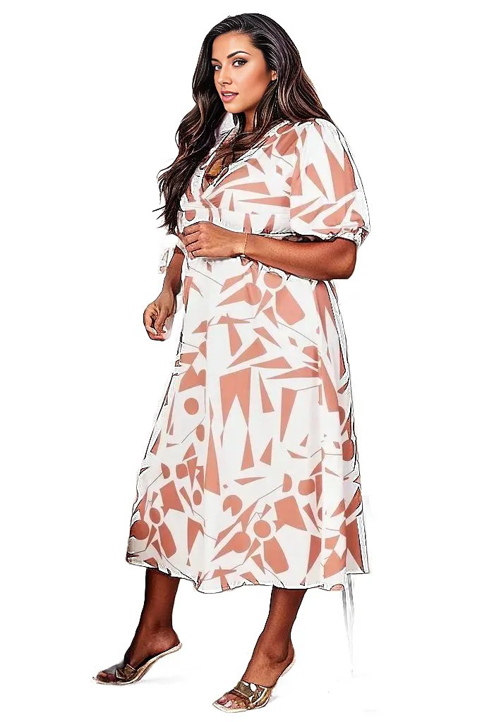 Double Take Printed Surplice Balloon Sleeve Dress