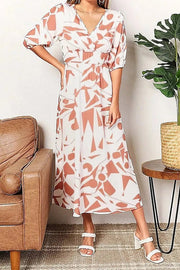 Double Take Printed Surplice Balloon Sleeve Dress