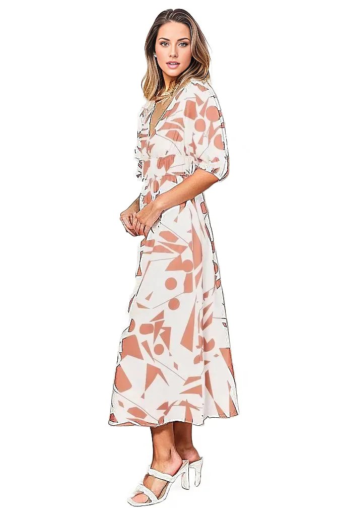 Double Take Printed Surplice Balloon Sleeve Dress