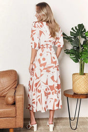 Double Take Printed Surplice Balloon Sleeve Dress