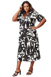 Double Take Printed Surplice Balloon Sleeve Dress