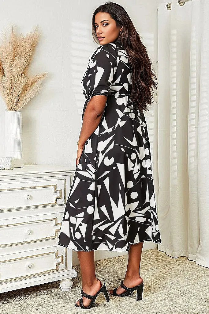 Trendsi Dresses Double Take Printed Surplice Balloon Sleeve Dress