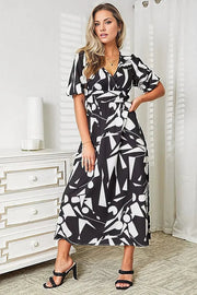 Trendsi Dresses Double Take Printed Surplice Balloon Sleeve Dress