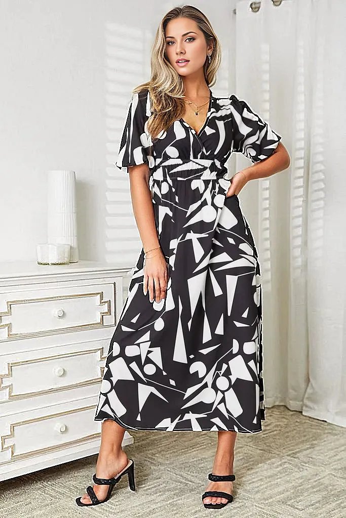 Double Take Printed Surplice Balloon Sleeve Dress