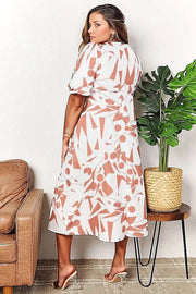 Double Take Printed Surplice Balloon Sleeve Dress