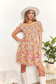 Double Take Smocked Sweetheart Neck Flounce Sleeve Mini Dress