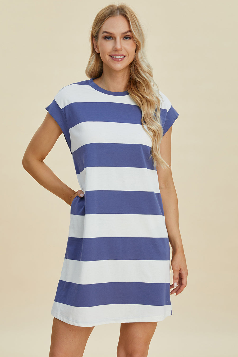 Trendsi Dresses Dusty Blue / S Basic Bae Striped Round Neck Cap Sleeve Mini Dress