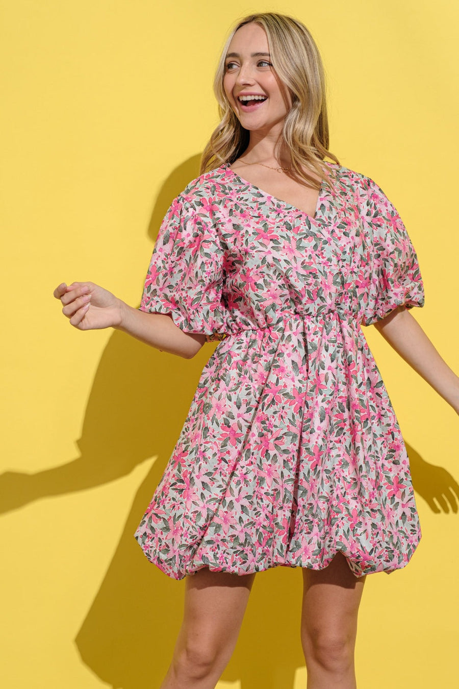 Trendsi Dresses/Floral Dresses Pink Multi / S And The Why Floral Bubble Hem Puff Sleeve Dress