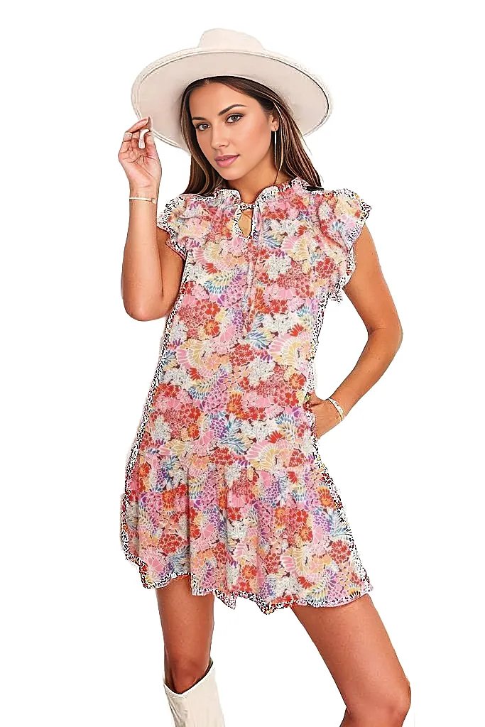 Double Take Floral Tie Neck Cap Sleeve Dress