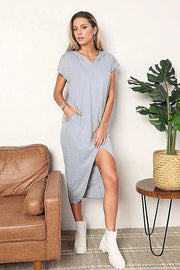 Double Take Short Sleeve Front Slit Hooded Dress