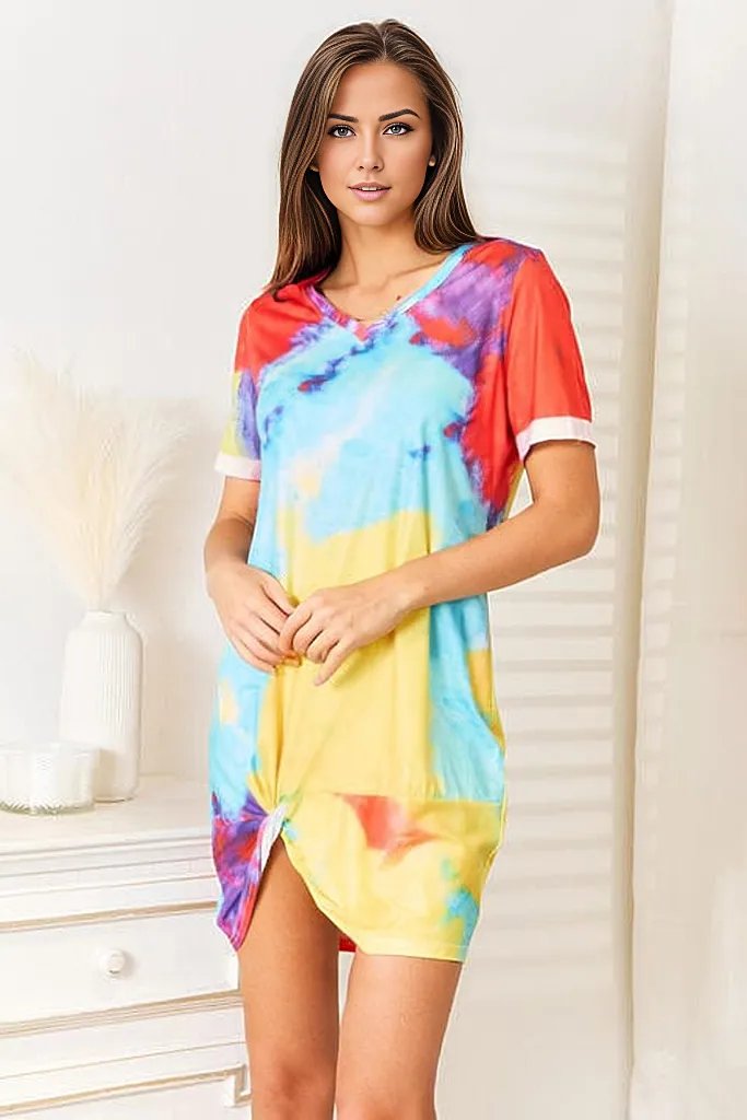 Double Take Tie-Dye V-Neck Twisted Dress