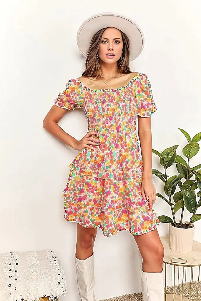 Double Take Smocked Sweetheart Neck Flounce Sleeve Mini Dress