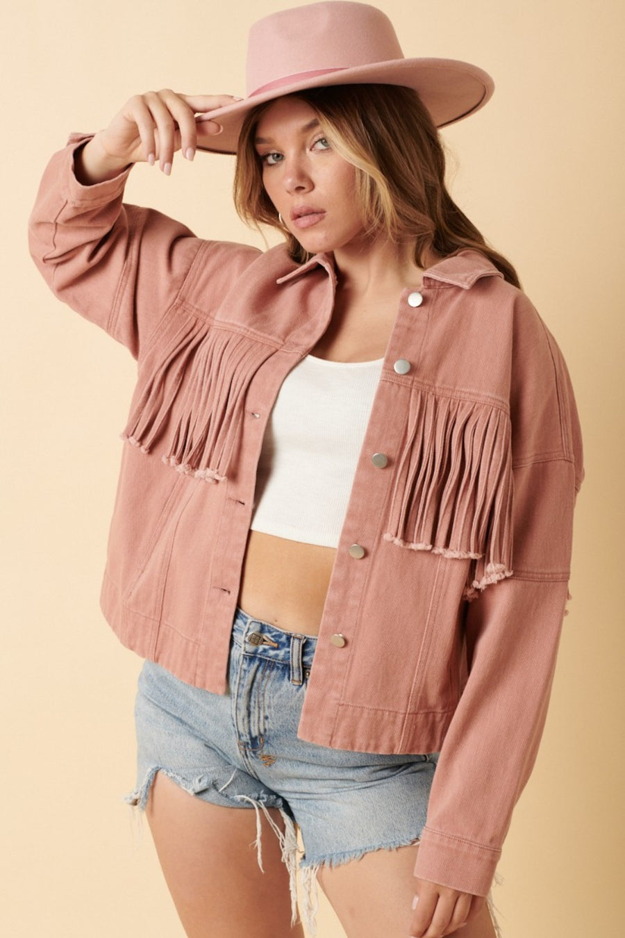 Trendsi Dusty Blush / S Mittoshop Fringe Detail Cotton Twill Jacket