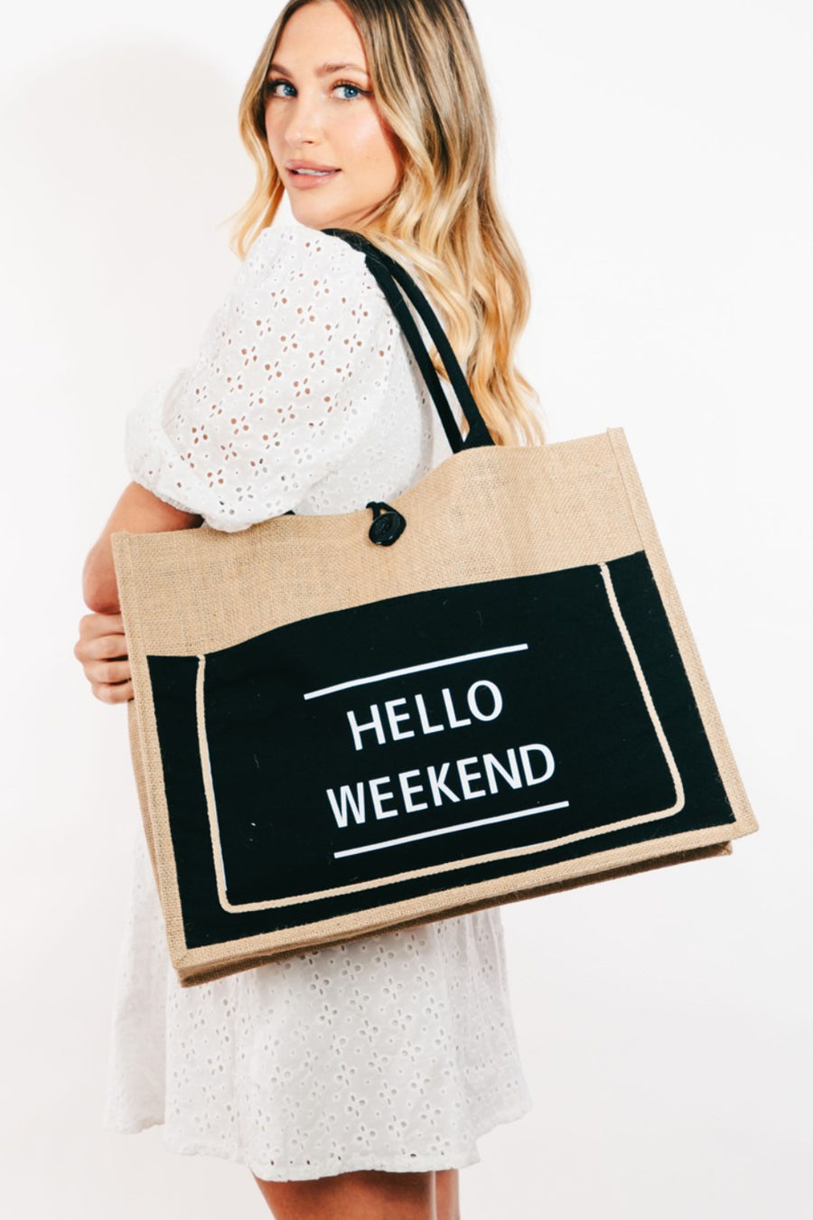 Trendsi Fame Hello Weekend Burlap Tote Bag