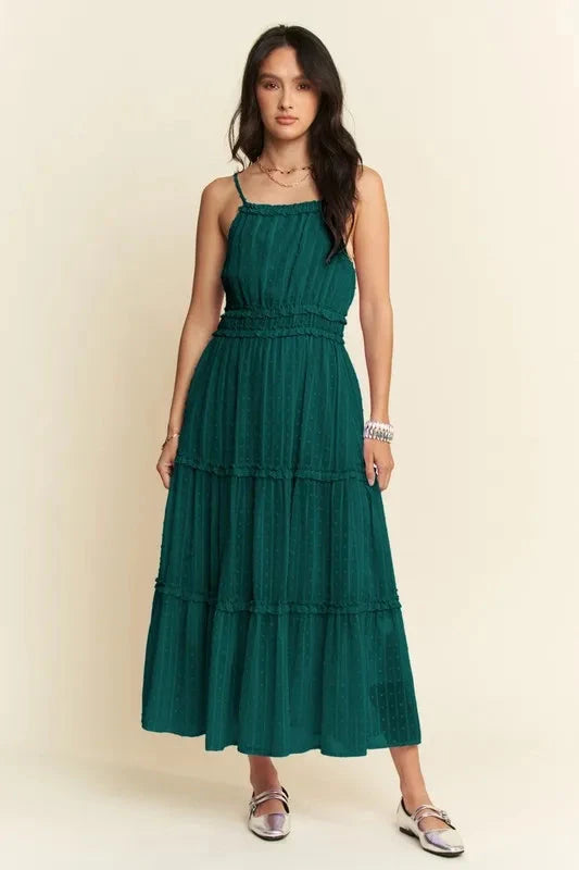 Trendsi Forest Green / M Davi & Dani Texture Swiss Dot Ruffle Square Neck Midi Dress