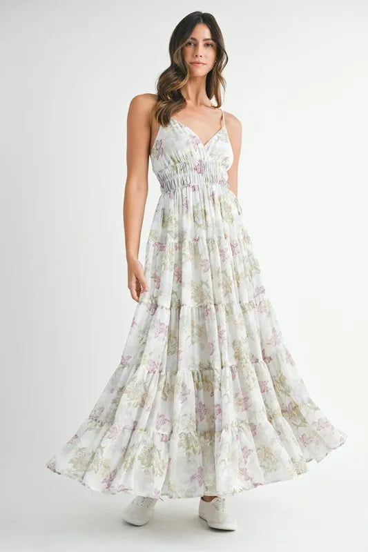 Trendsi Green / S MABLE Floral Print Tiered Cami Maxi Dress