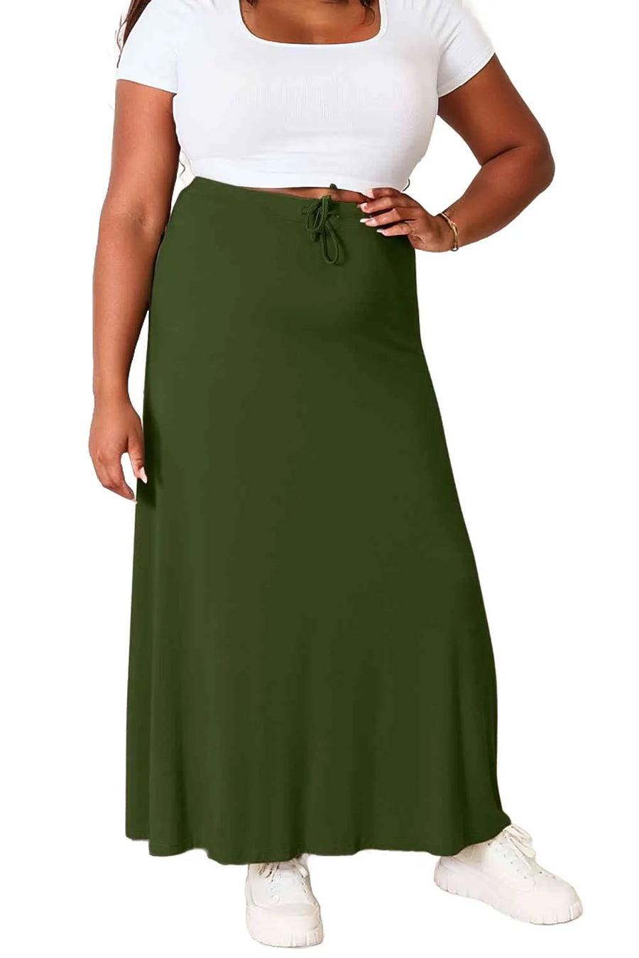 Soft Rayon Drawstring Waist Maxi Skirt Rayon