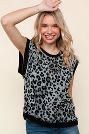 Trendsi Grey/Black / M Haptics Leopard Print Dolman Cap Sleeve Knit Top