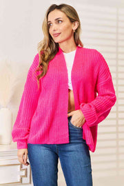 Trendsi Hot Pink / S Woven Right Rib-Knit Open Front Drop Shoulder Cardigan