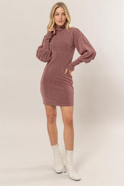 Trendsi HYFVE Glitter Mock Neck Long Sleeve Mini Dress