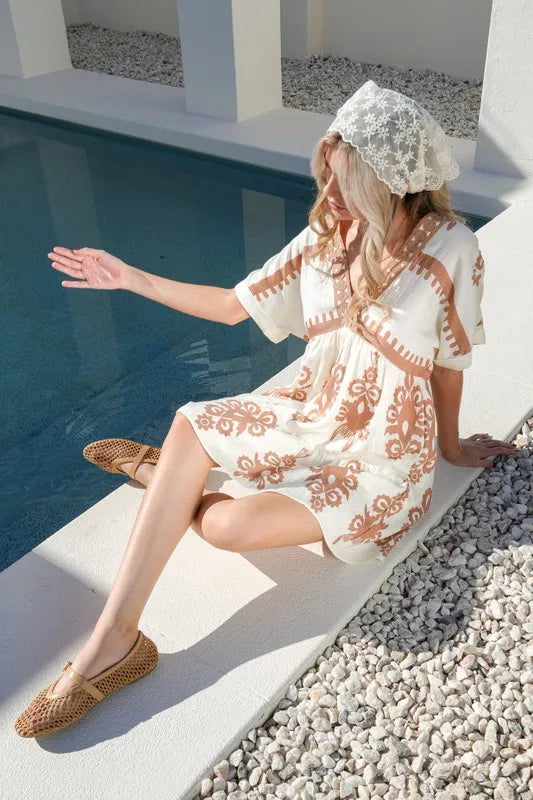 Trendsi Ivory / S VERY J Printed V-Neck Woven Mini Dress