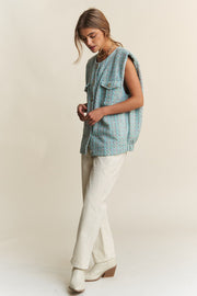 Trendsi J.NNA Frayed Tweed Padded Shoulder Vest