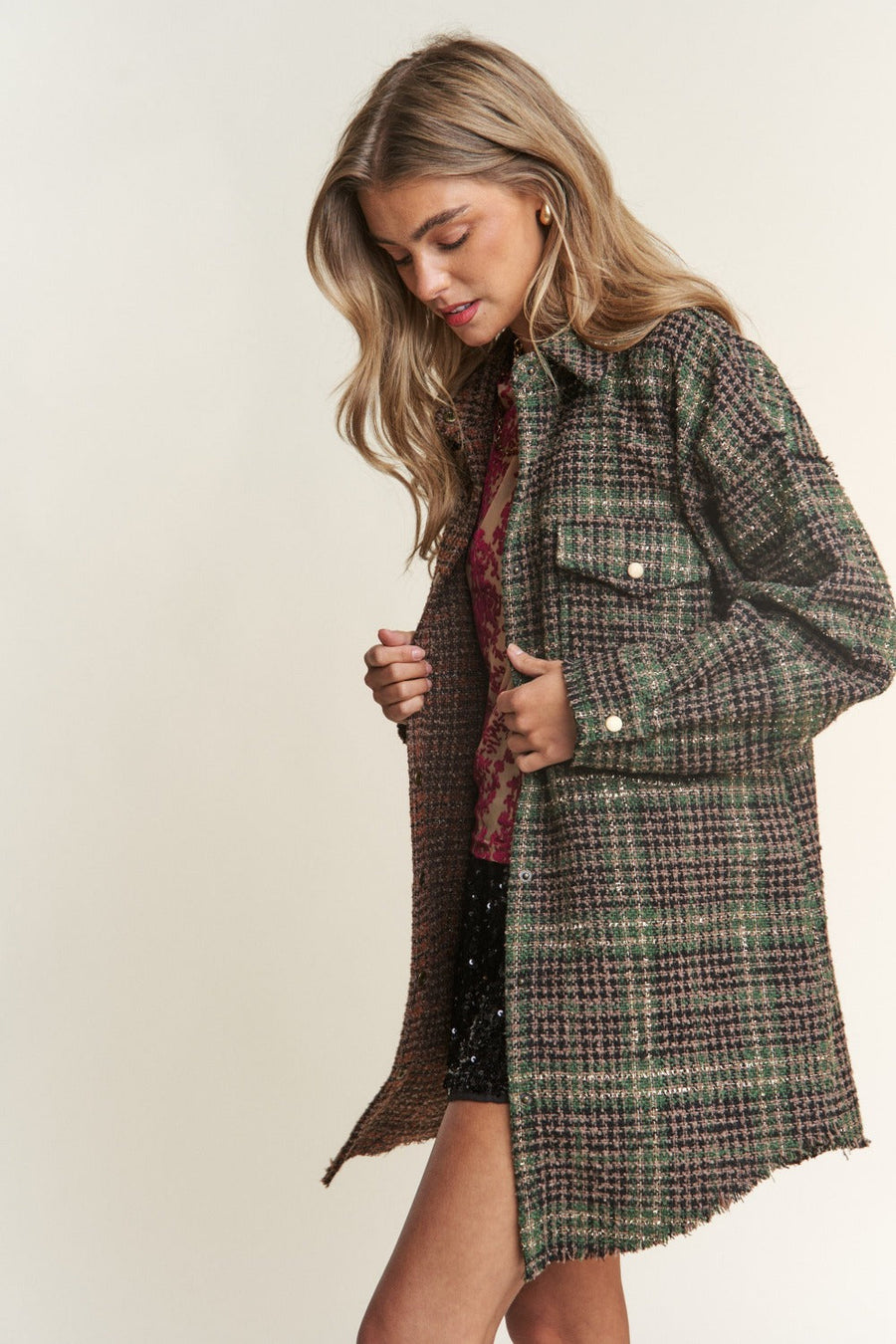 Trendsi J.NNA Snap Down Tweed Plaid Contrast  Longline Shacket