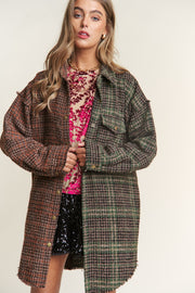 Trendsi J.NNA Snap Down Tweed Plaid Contrast  Longline Shacket