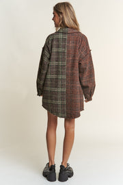 Trendsi J.NNA Snap Down Tweed Plaid Contrast  Longline Shacket