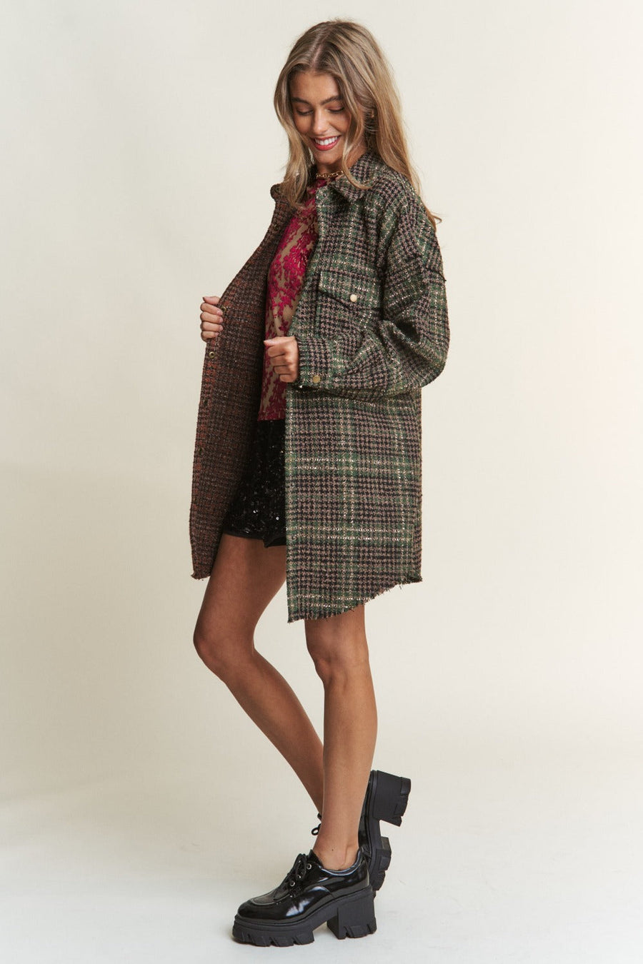 Trendsi J.NNA Snap Down Tweed Plaid Contrast  Longline Shacket