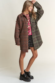 Trendsi J.NNA Snap Down Tweed Plaid Contrast  Longline Shacket