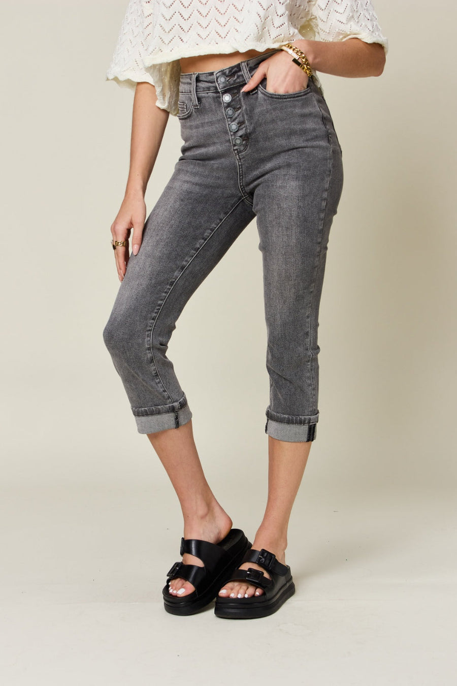 Trendsi Jeans Judy Blue Button Fly High Waist Cuffed Capris