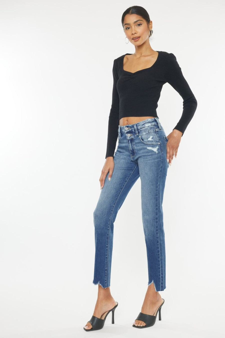 Kancan Frayed Hem Slim Straight Jeans