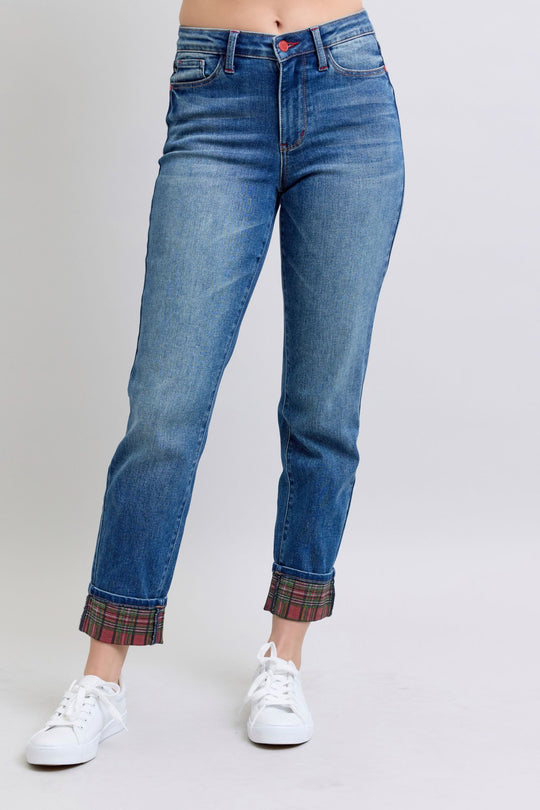 Trendsi Judy Blue Full Size Plaid Print Cuff Straight Leg Jeans with Pockets