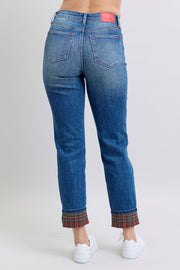 Trendsi Judy Blue Full Size Plaid Print Cuff Straight Leg Jeans with Pockets